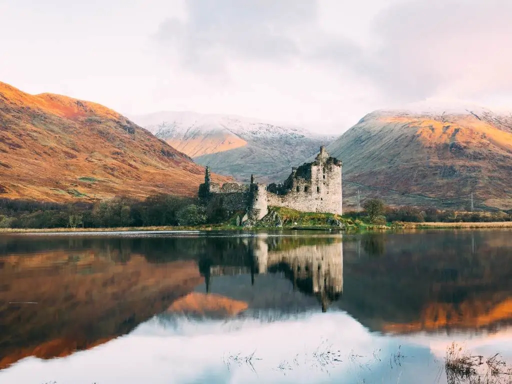 castle on a lake in Scotland.