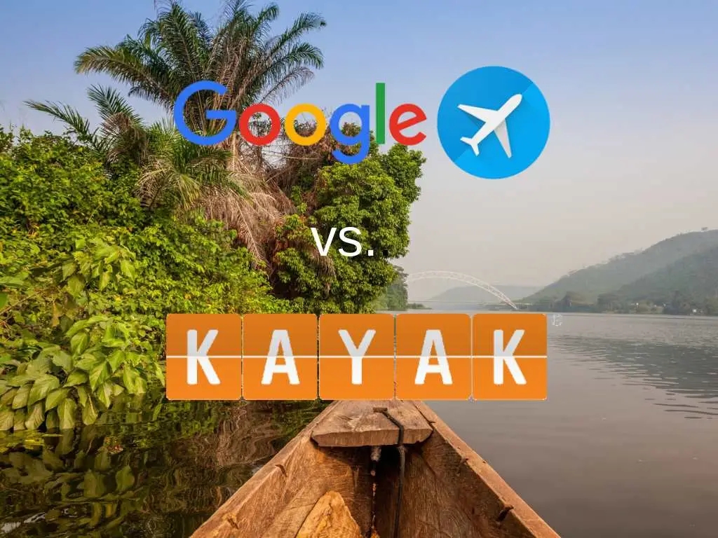 Ghana scene with Google Flights and Kayak logos