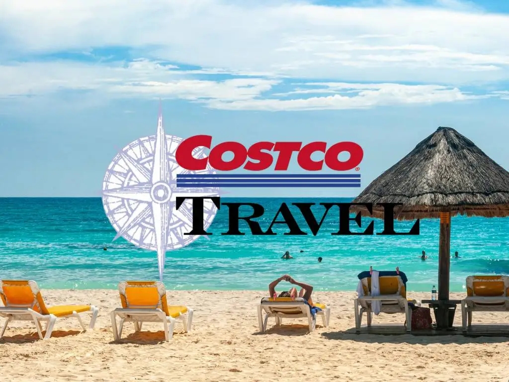 beach chairs on a sandy beach with costco travel logo over the image. 