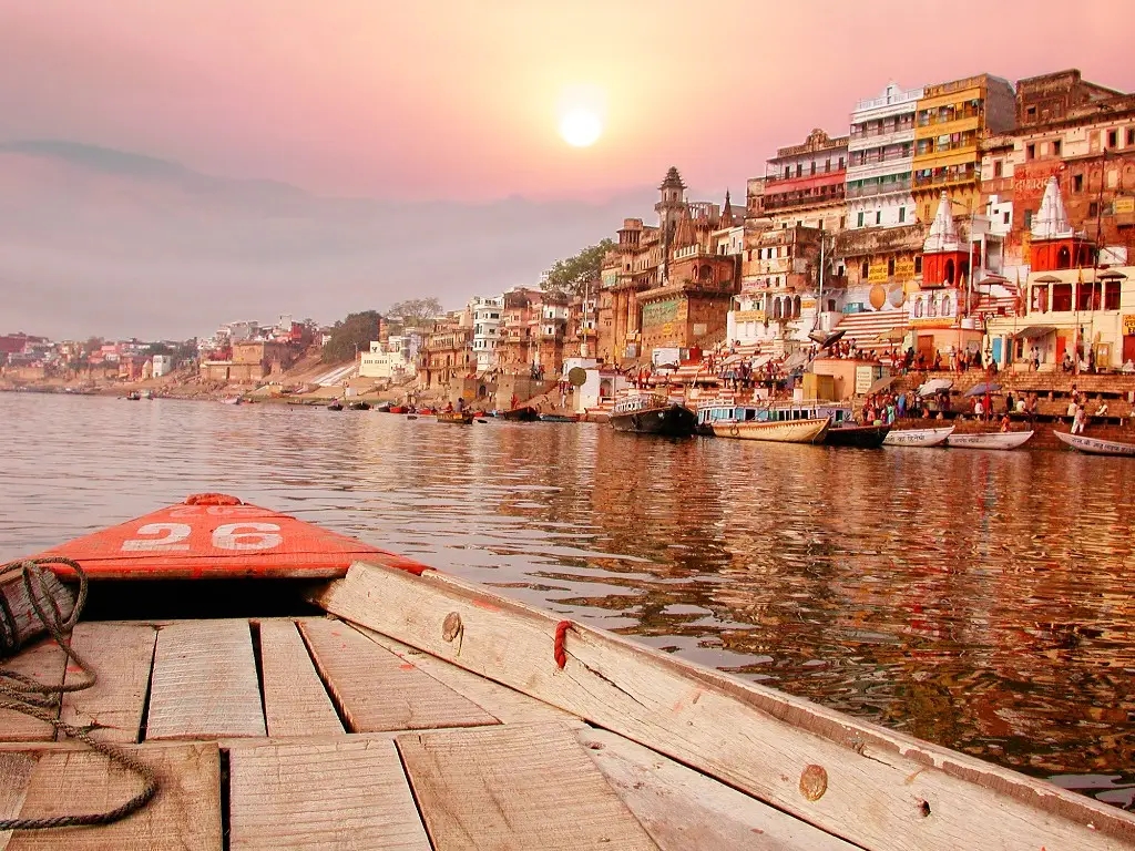 boat floating on the River Ganges in India.